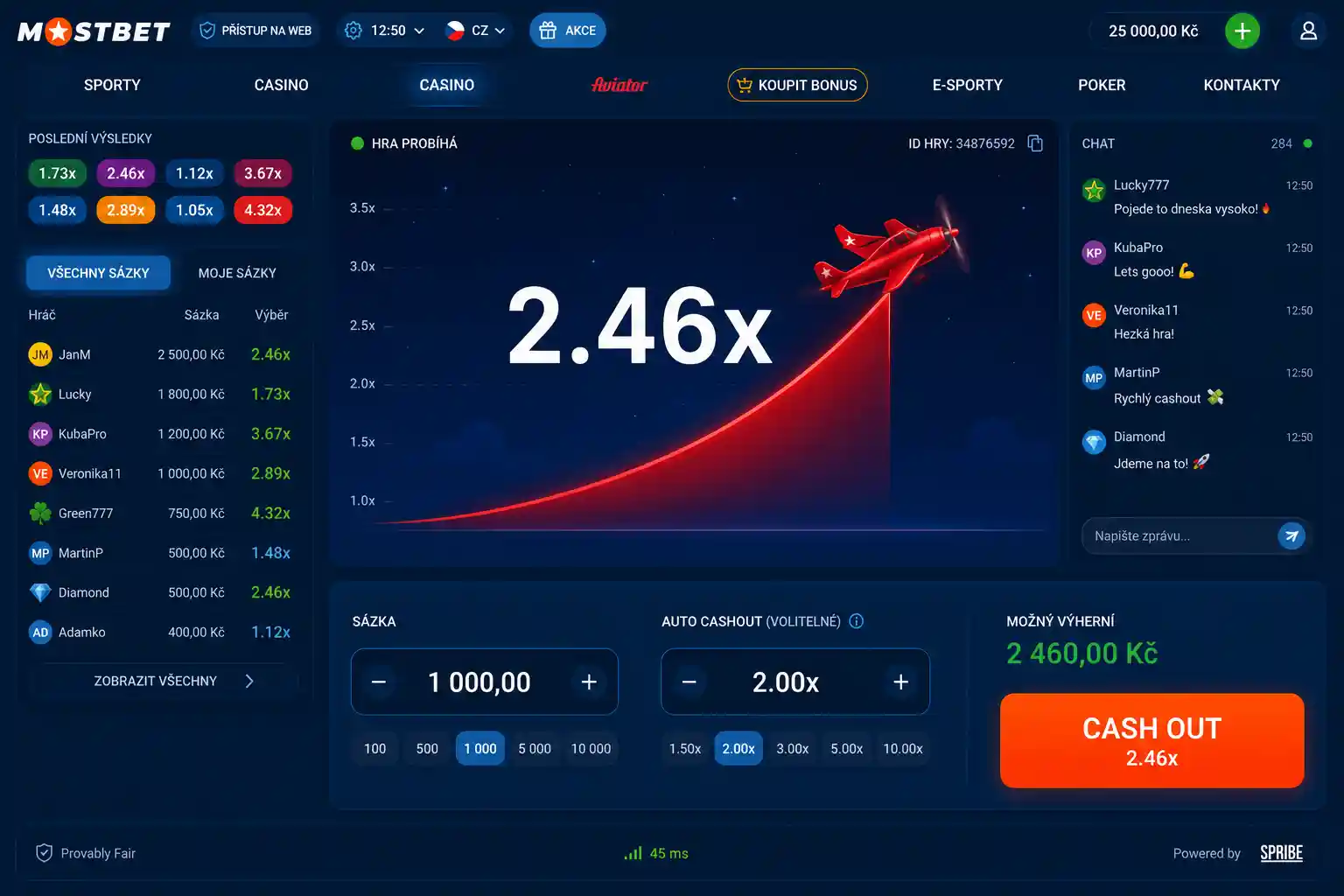 Formulář pro zadání sázky a tlačítko cash out ve hře Aviator