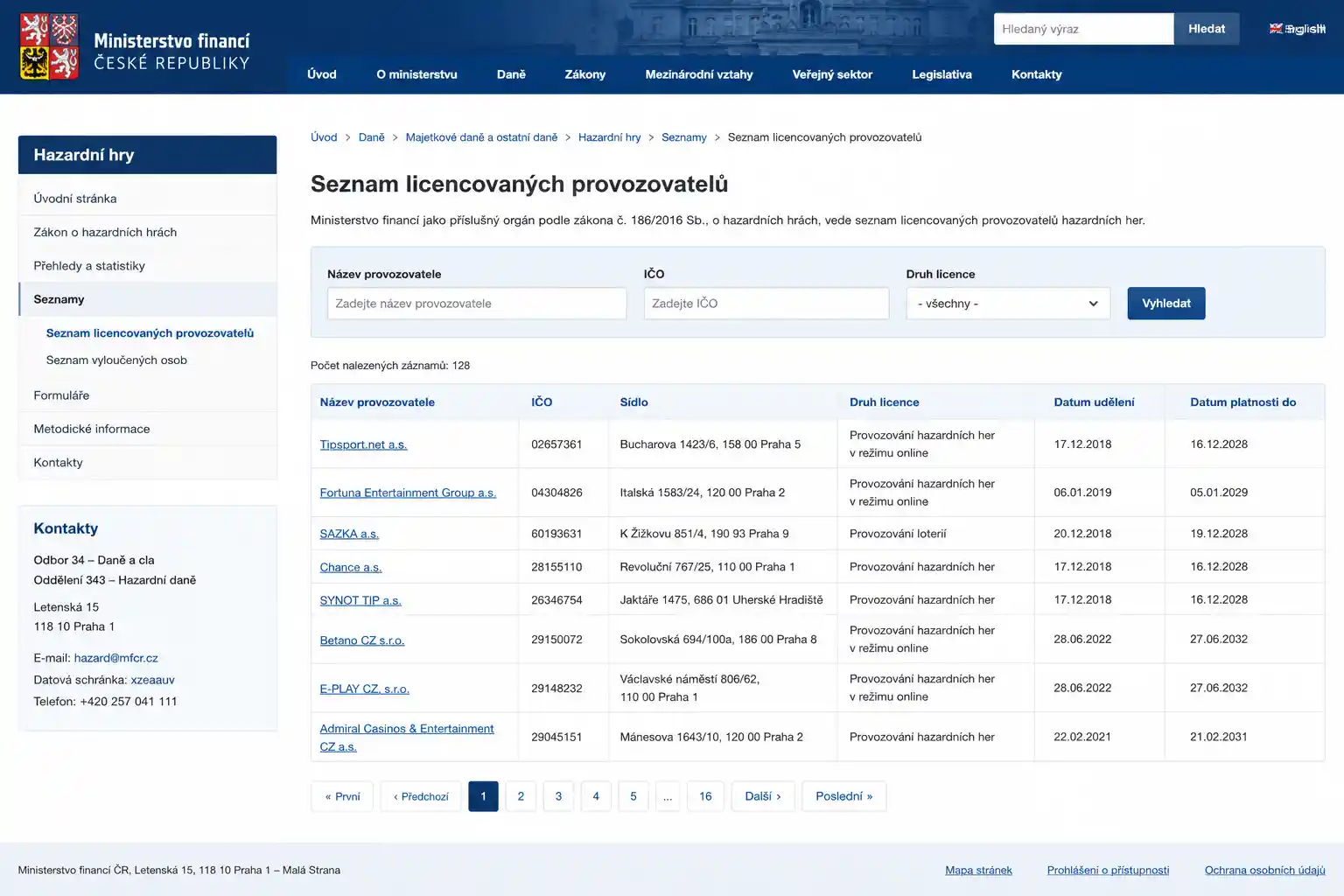 Seznam licencovaných provozovatelů na webu Ministerstva financí ČR