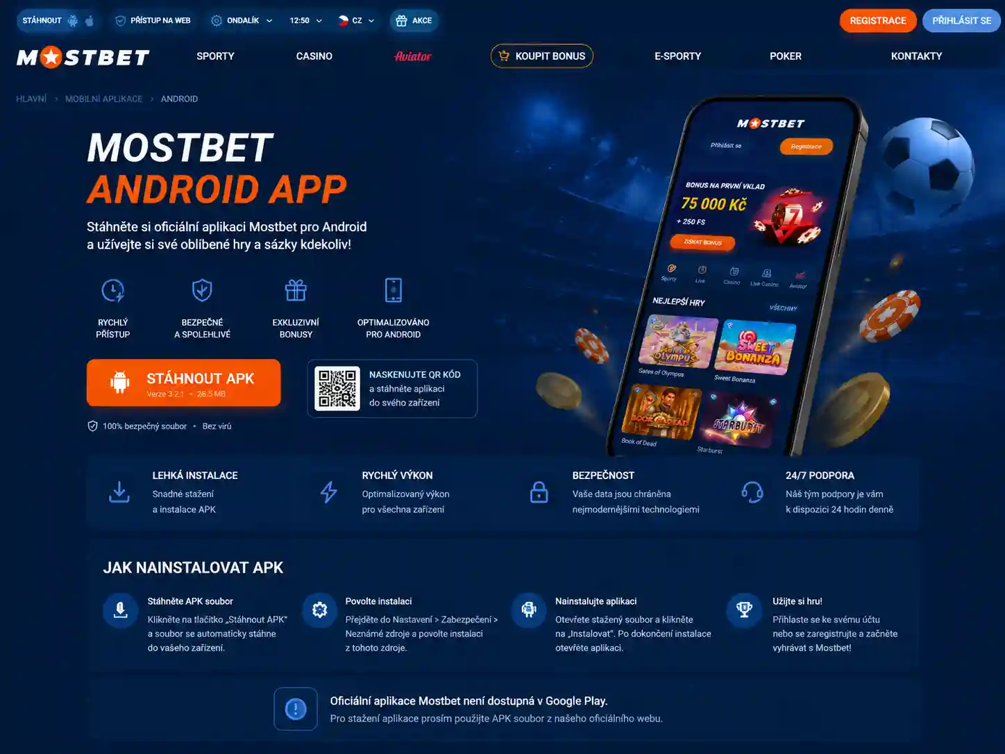 Stránka pro stažení APK souboru Mostbet