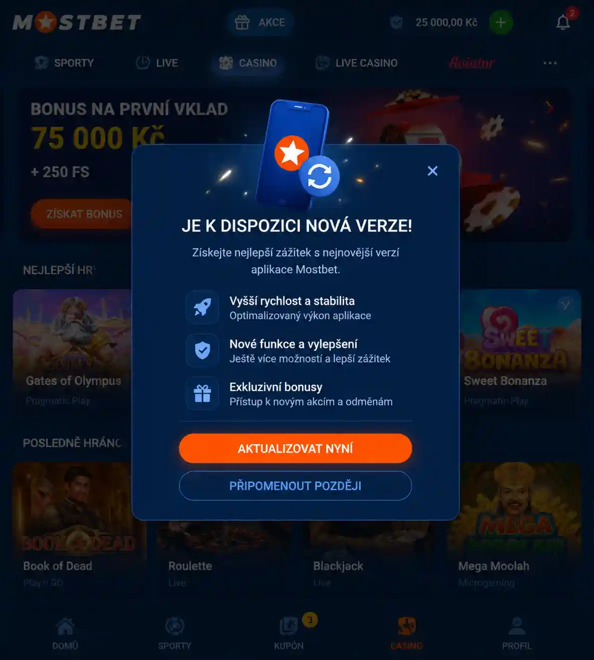 Upozornění na aktualizaci aplikace Mostbet