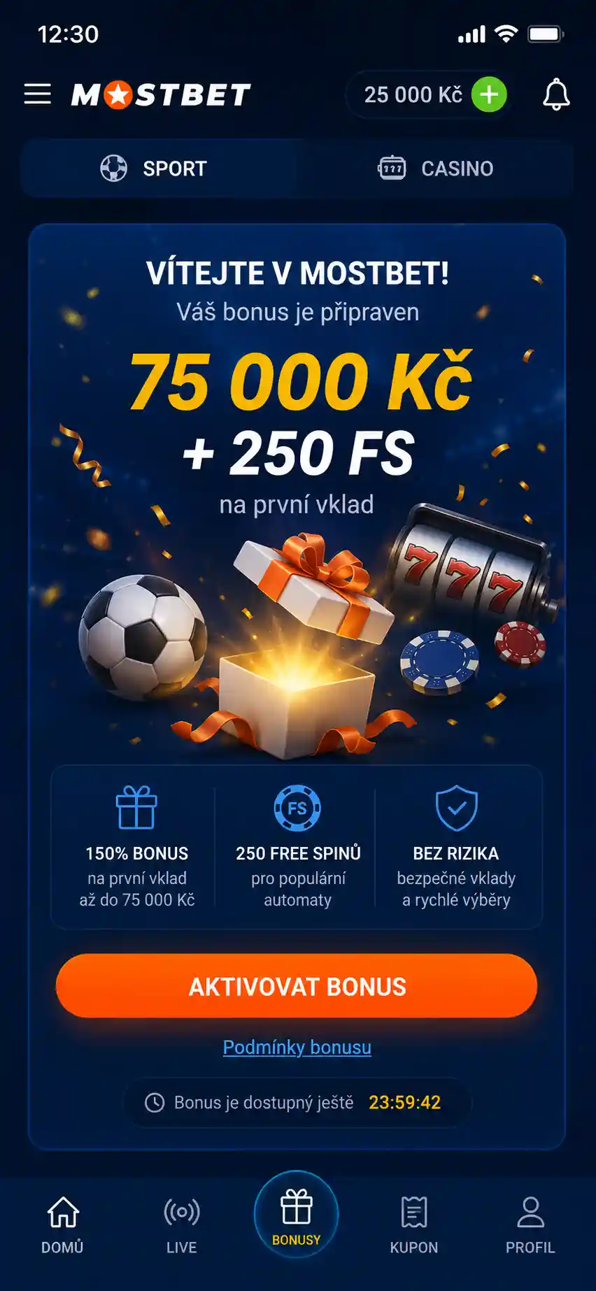 Aktivace uvítacího bonusu v aplikaci Mostbet