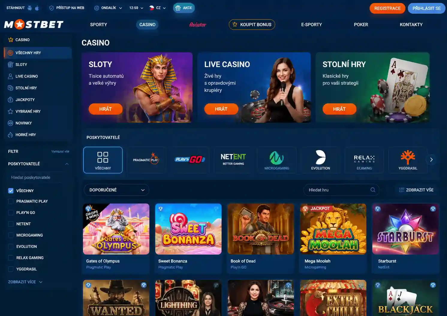 Přehled casino sekce Mostbet