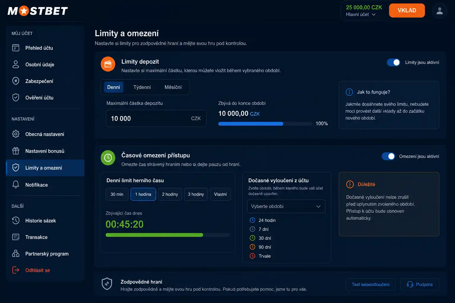 Nastavení limitů vkladu a časového omezení v účtu Mostbet