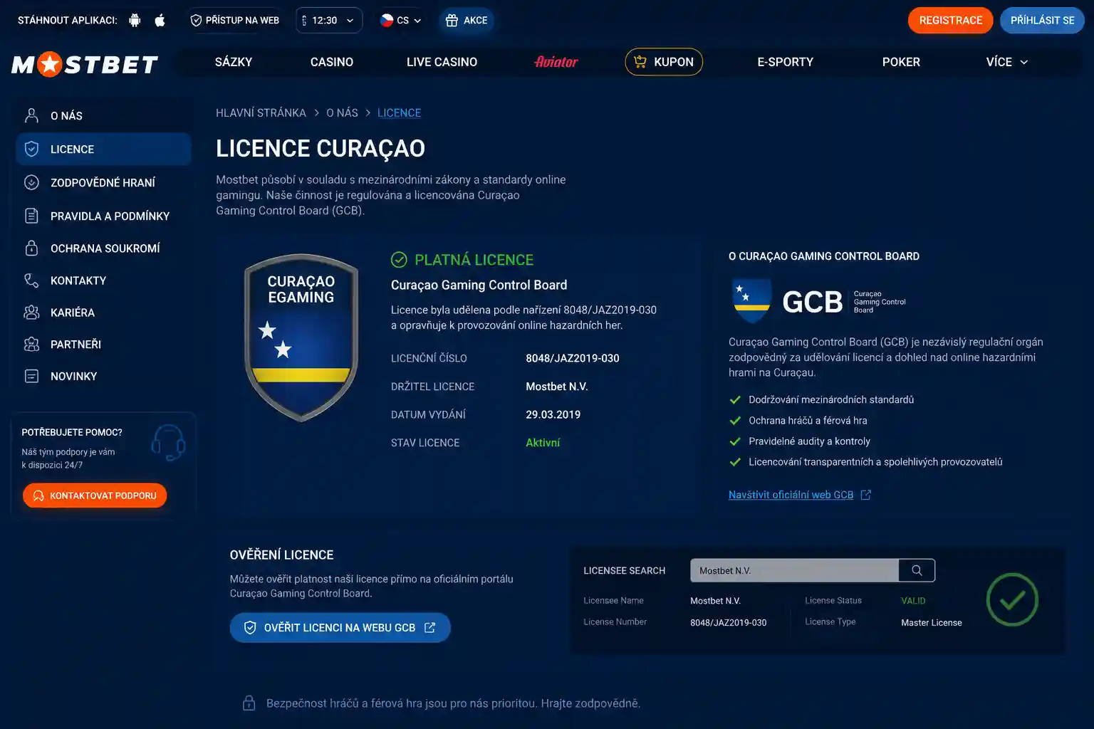 Informace o licenci Mostbet