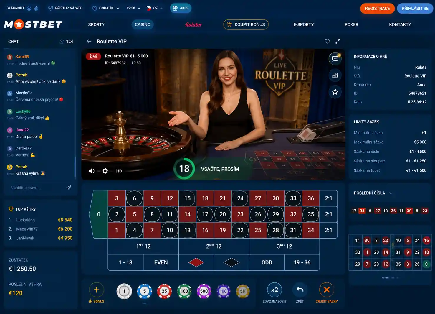 Místnost live casina Mostbet