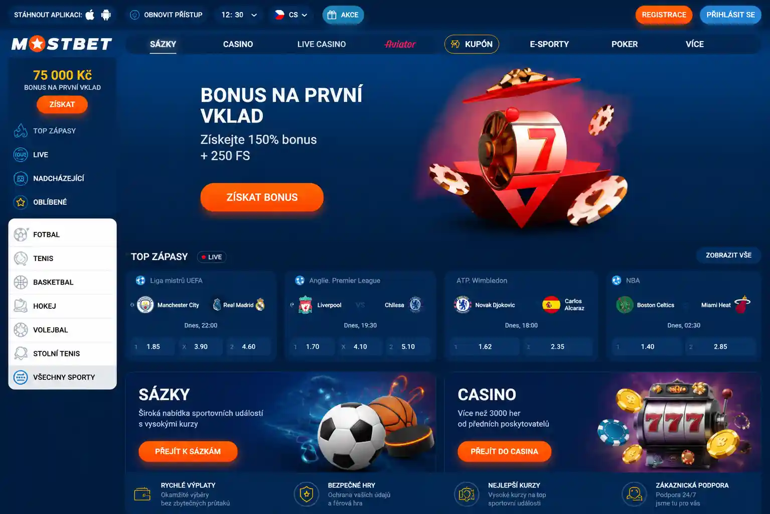 Úvodní stránka oficiálního webu Mostbet