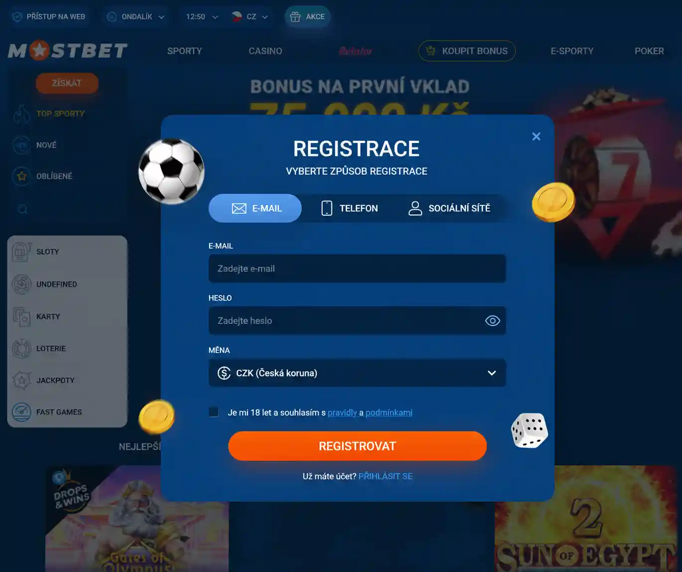 Registrační formulář Mostbet s výběrem měny CZK