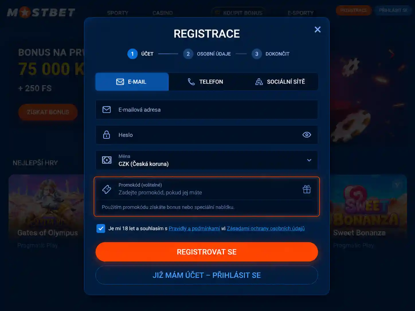 Pole pro zadání promo kódu v registračním formuláři